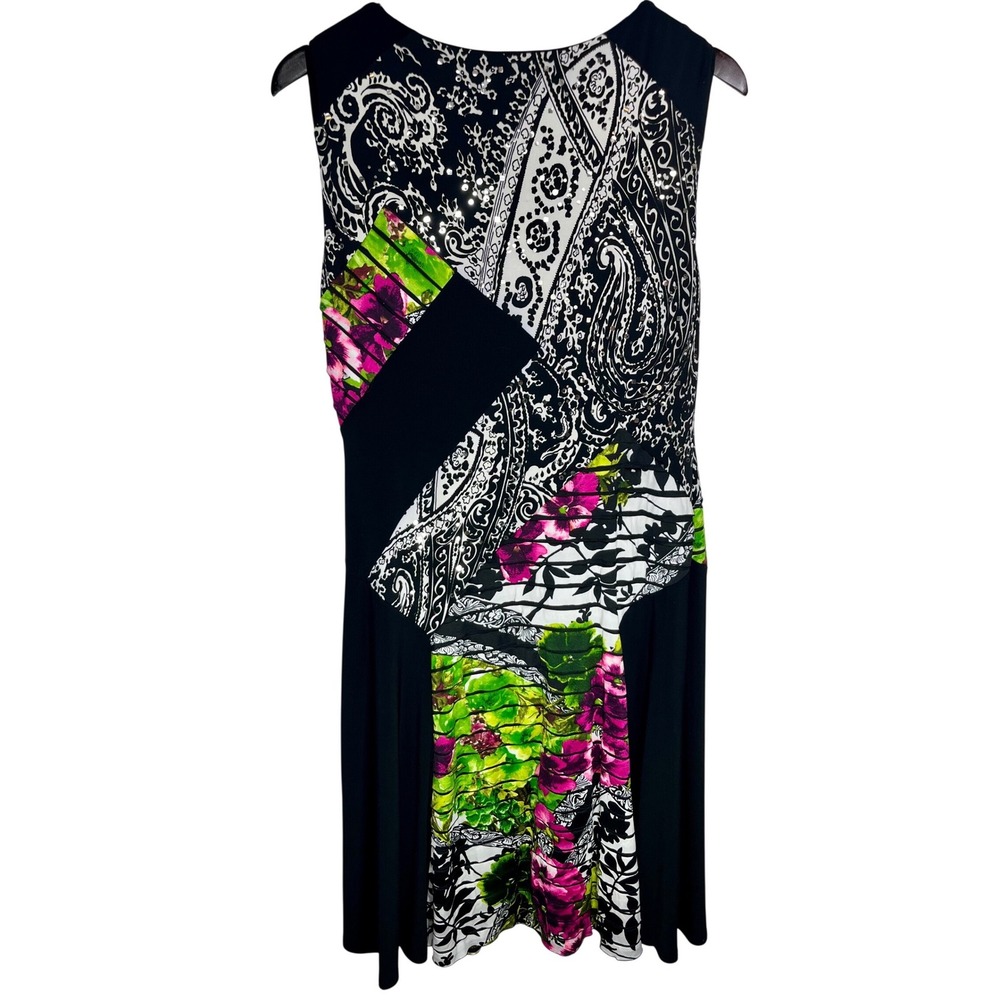 Joseph Ribkoff 12 Black White Pink Green Paisley Floral Sequin Sleeveless Dress - Picture 2 of 10